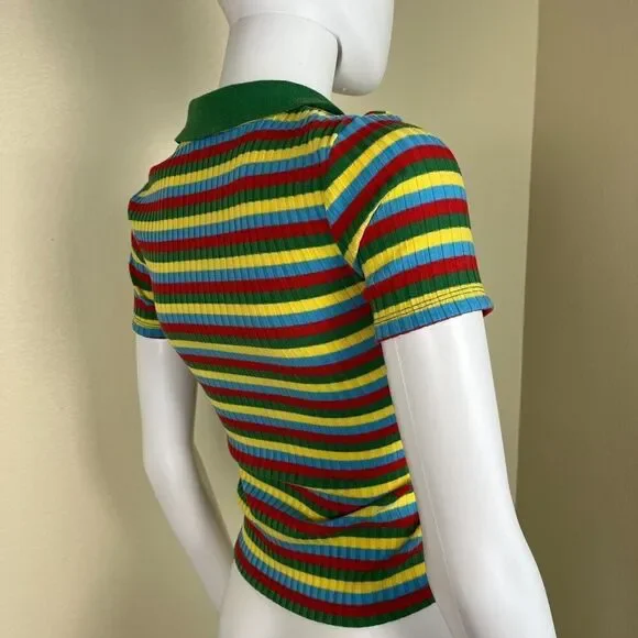 Zara Women's Size S Colorful Striped Ribbed Collard Pullover Short Sleeve Top - Picture 4 of 11